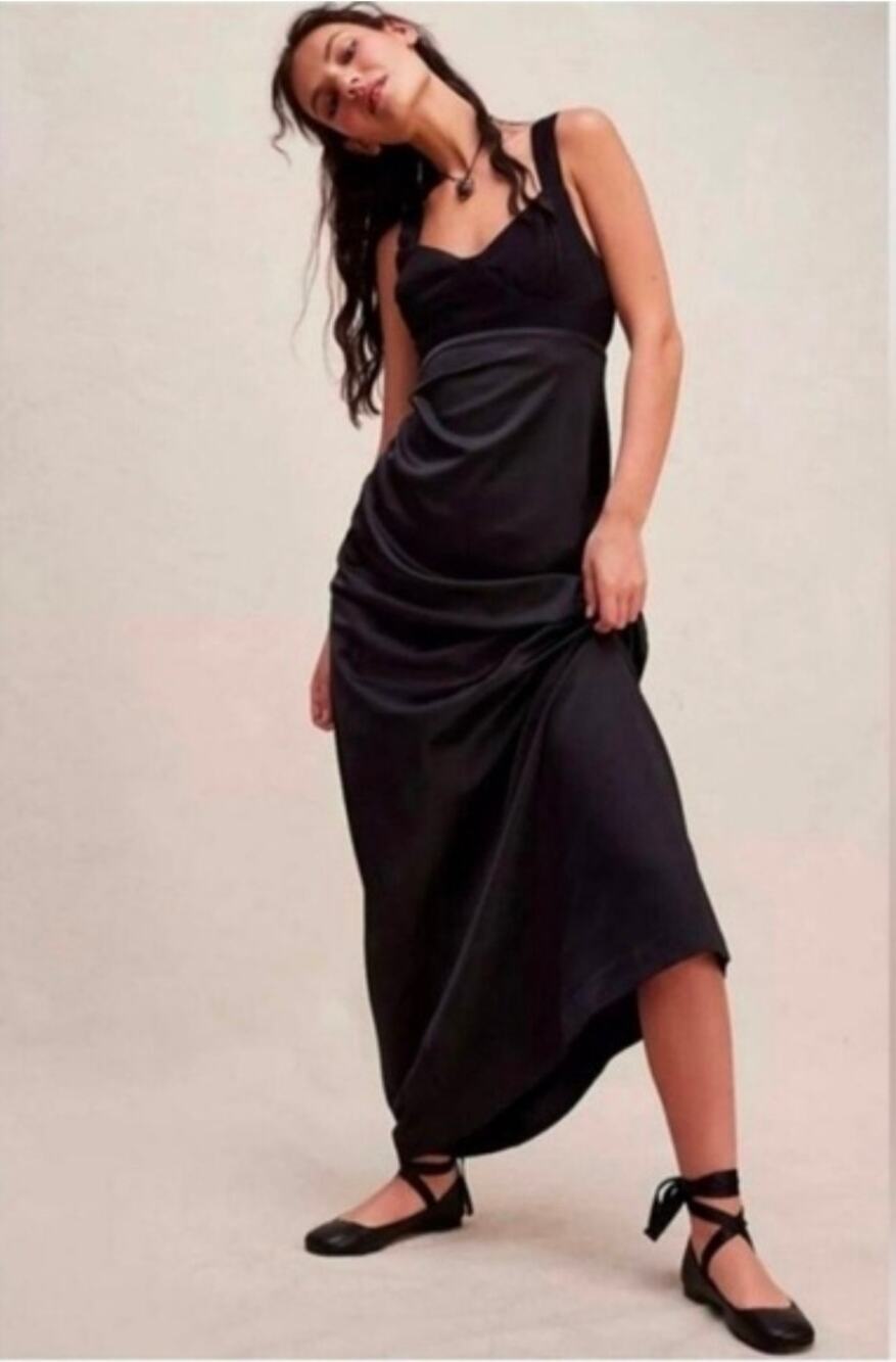 Free People Romantic Gia Dress V‑Neck Empire Waist Silky Skirt Open Back Size 4
